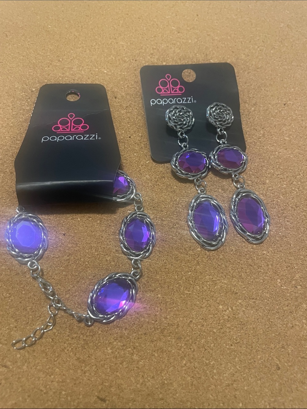 paparazzi Silver-Tone Purple Faceted Drop Earrings and Bracelet